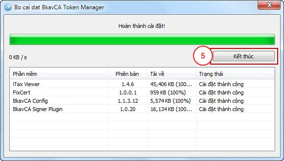 Hoàn thành cài đặt BkavCA Token Manager, bấm Kết thúc