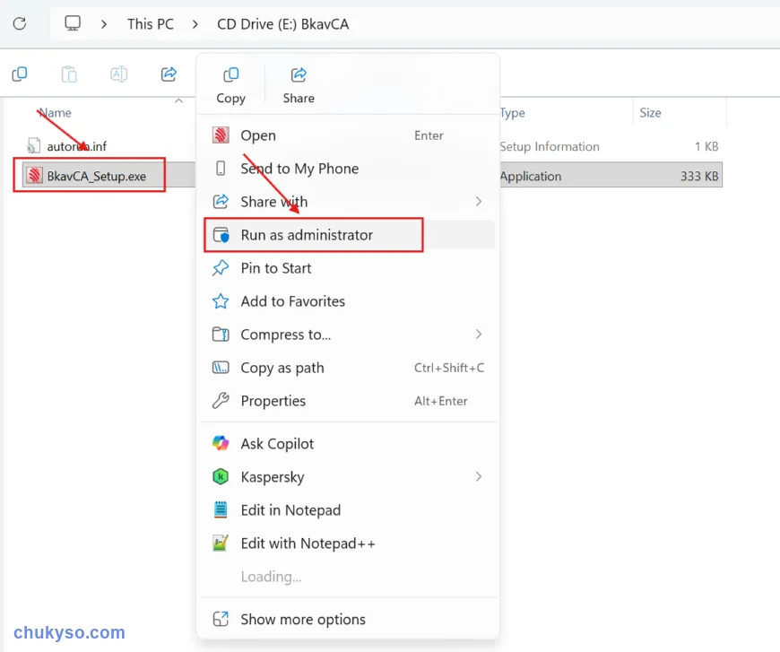 Chạy BkavCA_Setup.exe trong ổ Token bằng Run as administrator