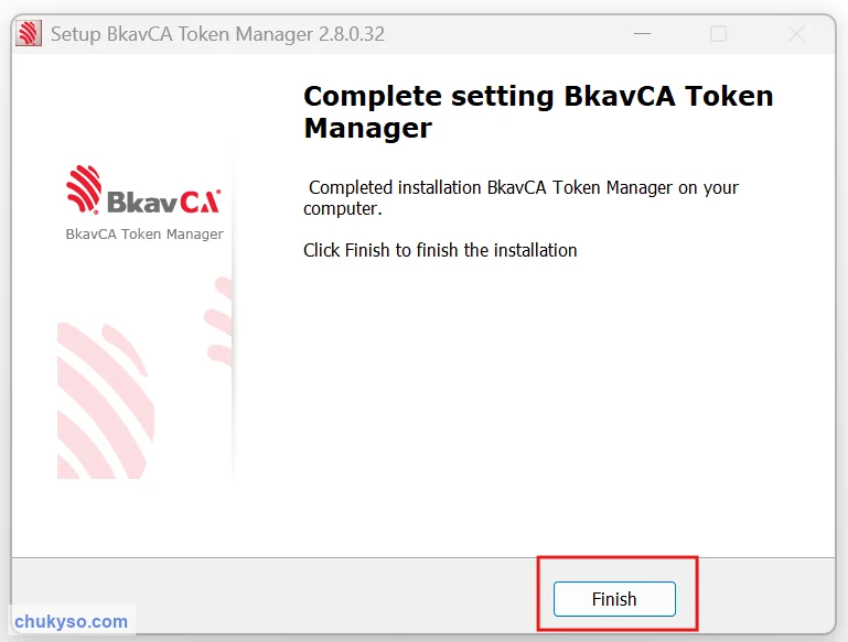 Cài đặt xong BkavCA Token Manager, bấm Finish