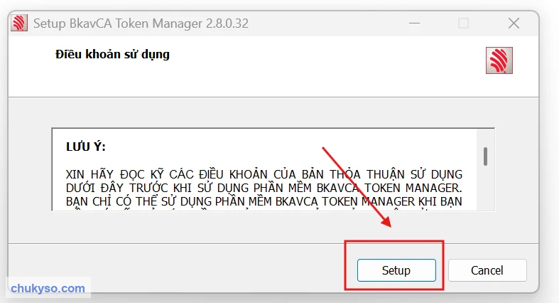 Màn hình điều khoản sử dụng, bấm Setup để cài BkavCA Token Manager