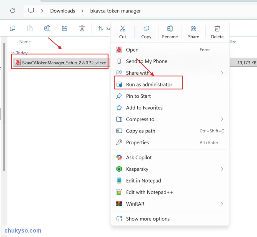 Chạy bộ cài BkavCATokenManager_Setup bằng Run as administrator