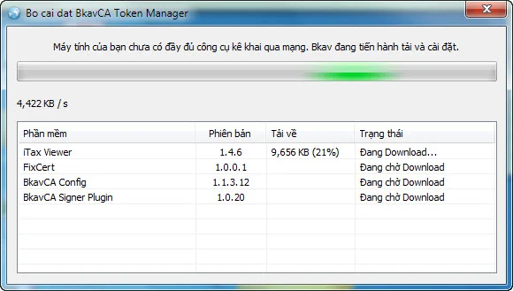 BkavCA Token Manager tự tải các phần mềm hỗ trợ kê khai qua mạng
