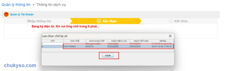 Chọn chứng thư số để ký xác thực thay đổi