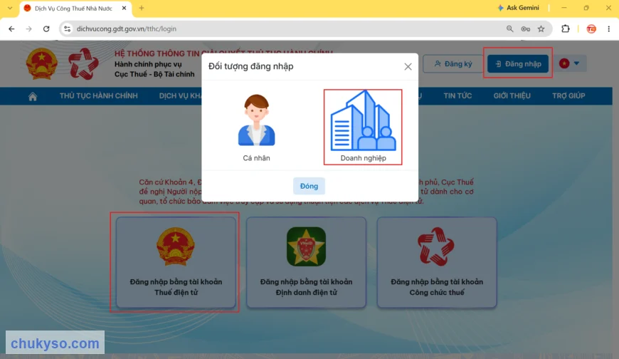 Đăng nhập Cổng Dịch vụ công Thuế, chọn Doanh nghiệp và tài khoản Thuế điện tử