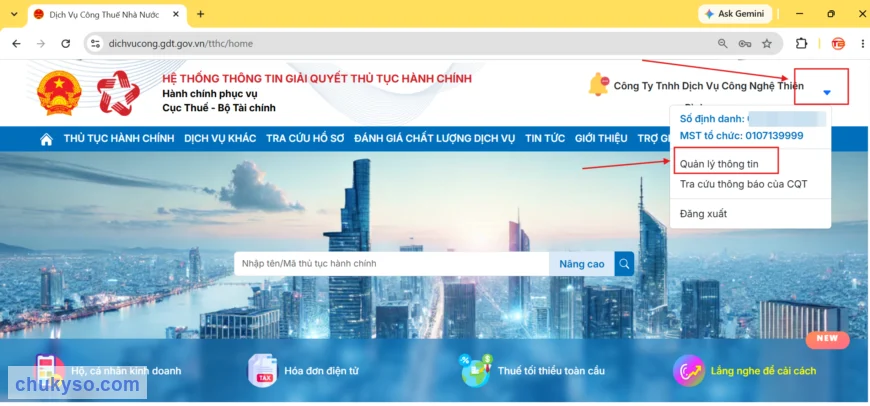 Bấm tên doanh nghiệp, chọn Quản lý thông tin trên Dịch vụ công Thuế