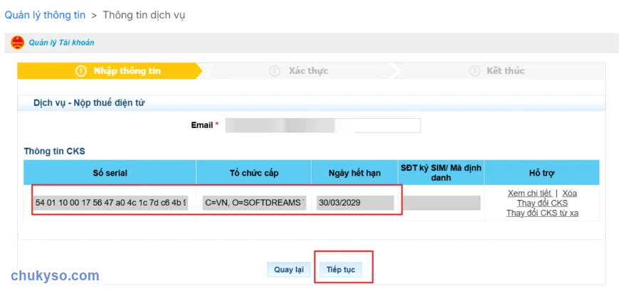 Kiểm tra serial, tổ chức cấp, ngày hết hạn chứng thư mới và bấm Tiếp tục