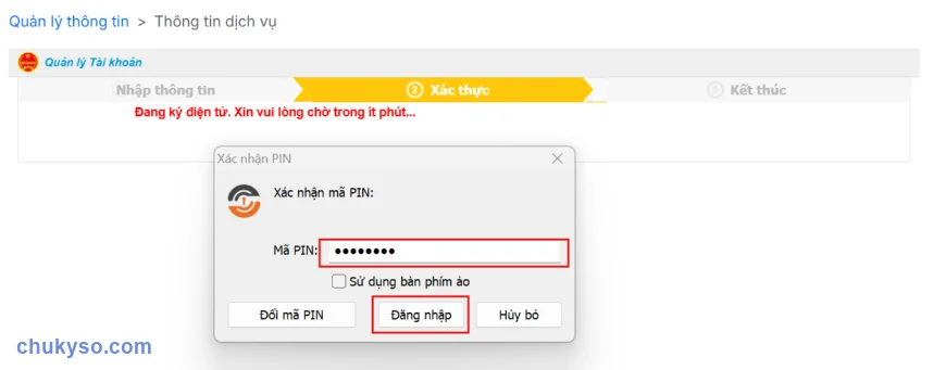 Nhập mã PIN USB Token để ký thay đổi chứng thư số