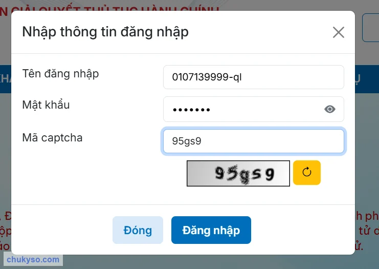 Nhập tên đăng nhập mã số thuế QL, mật khẩu và captcha