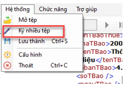 Menu Hệ thống chọn Ký nhiều tệp