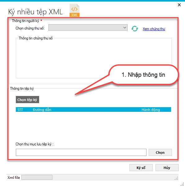 Nhập thông tin ký nhiều tệp XML