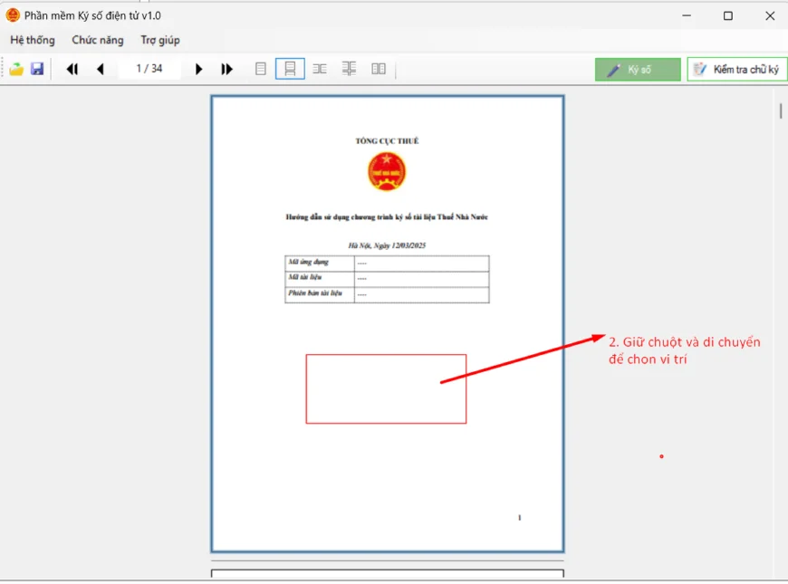 Kéo chuột chọn vị trí đặt chữ ký trên file PDF