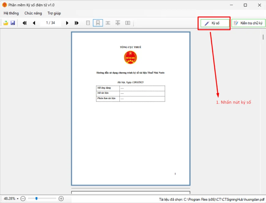 Bấm nút Ký số trên file PDF