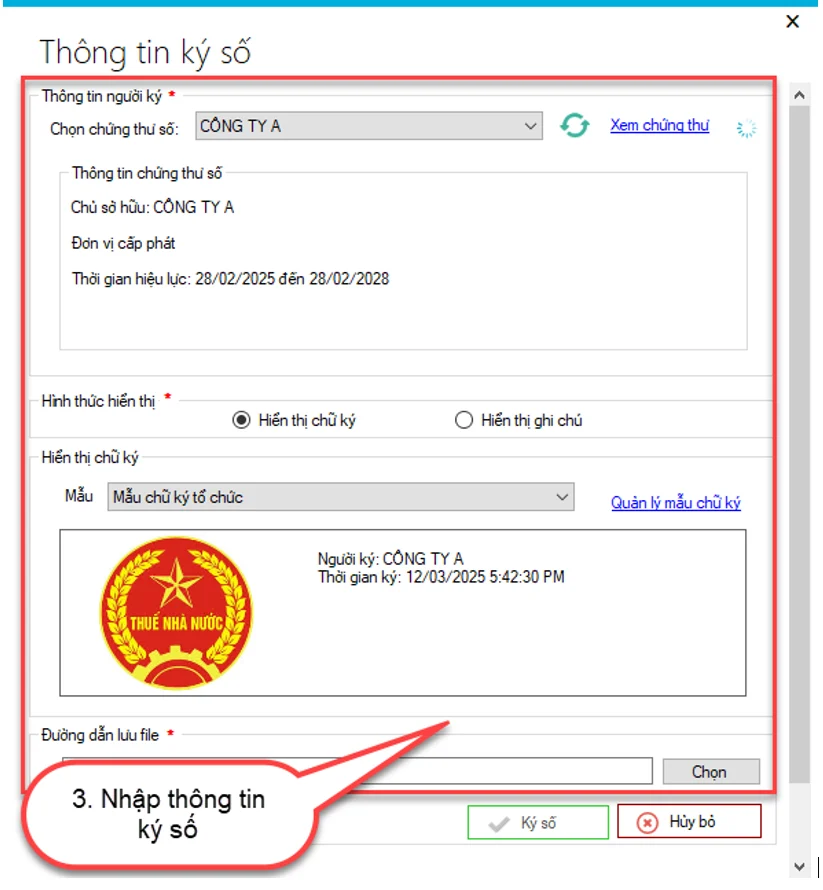 Nhập thông tin ký số file PDF trong CT SigningHub