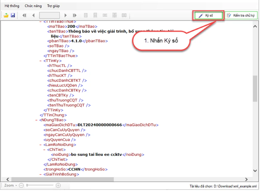 Mở file XML và bấm Ký số trong CT SigningHub