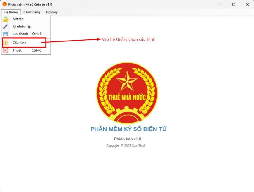 Menu Hệ thống chọn Cấu hình trong phần mềm Ký số điện tử