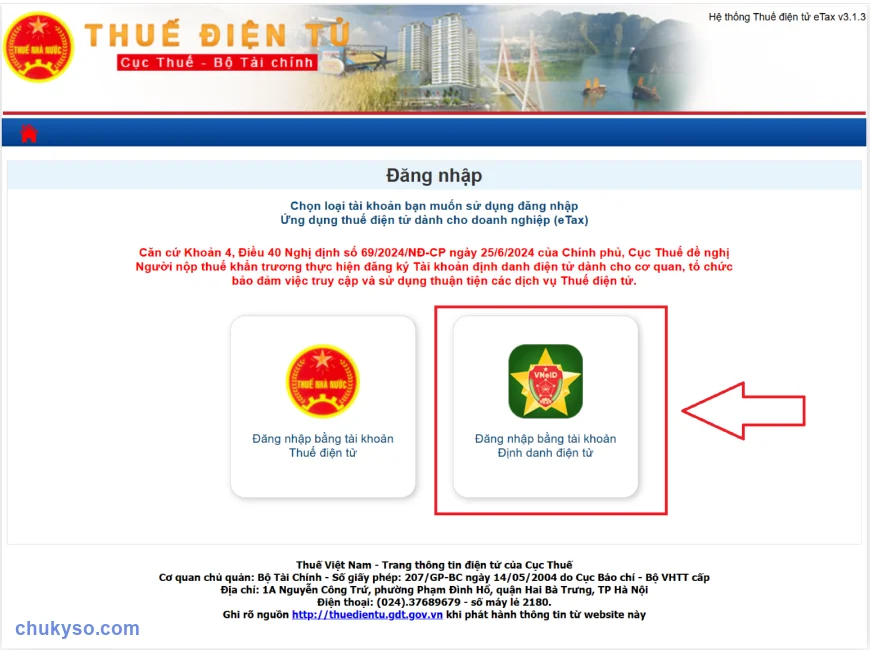 Chọn Đăng nhập bằng tài khoản Định danh điện tử trên Thuế điện tử