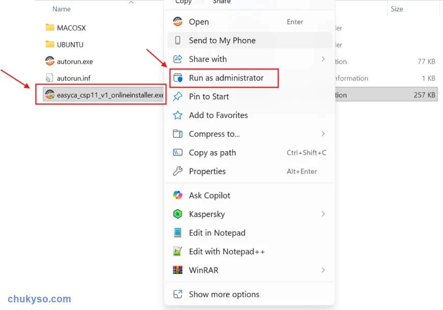 Nhấp chuột phải file cài EasyCA chọn Run as administrator