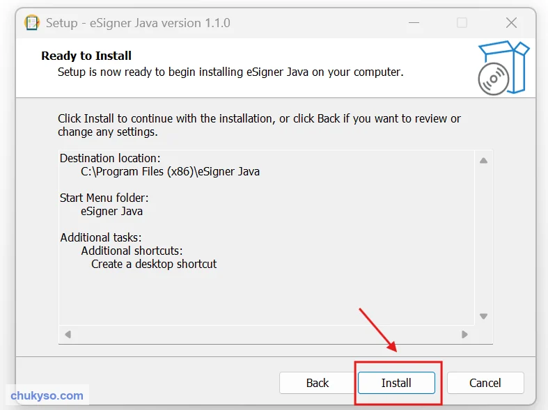Bấm Install để cài eSigner Java