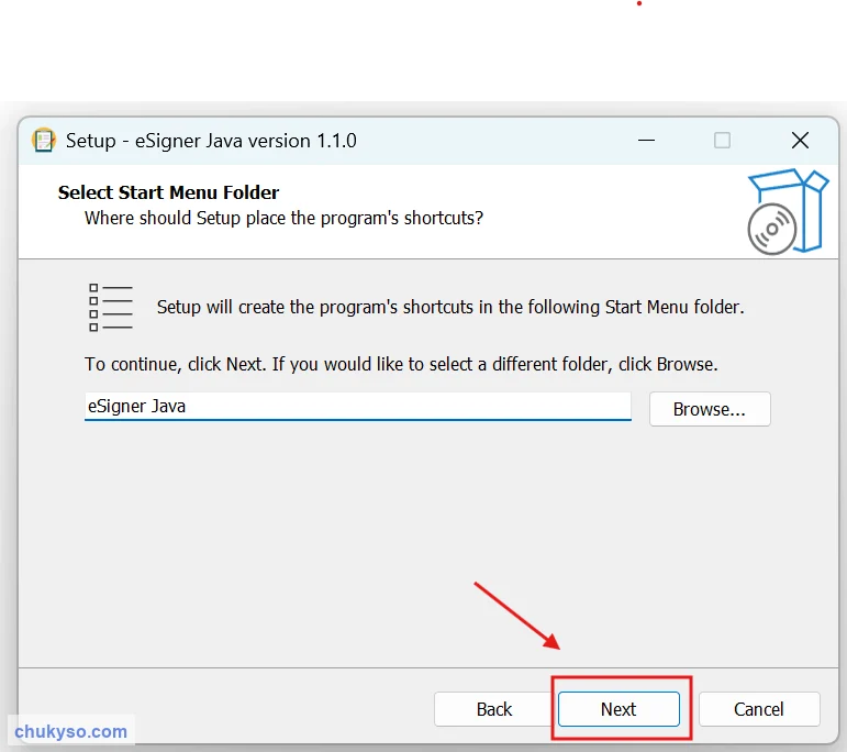 Chọn thư mục Start Menu khi cài eSigner Java