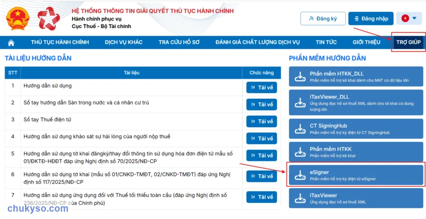 Tải eSigner tại mục Trợ giúp trên Cổng dịch vụ công Thuế
