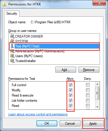 Tích Full control và nhấn Apply