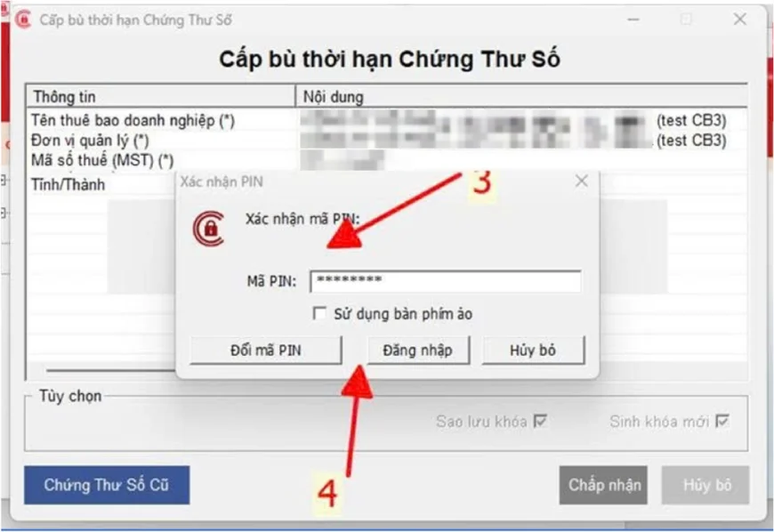 Nhập mã PIN Token khi cấp bù chứng thư số I-CA