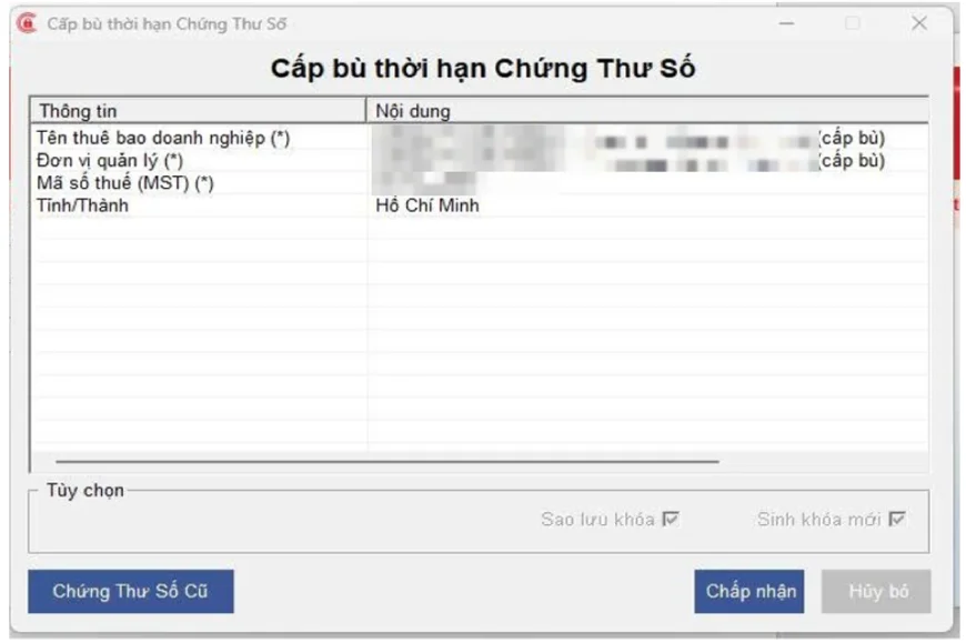 Cửa sổ cấp bù thời hạn chứng thư số trên ICA Token Manager