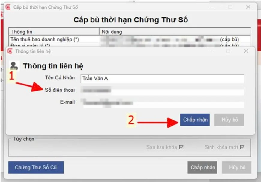 Nhập thông tin liên hệ khi cấp bù chứng thư số I-CA