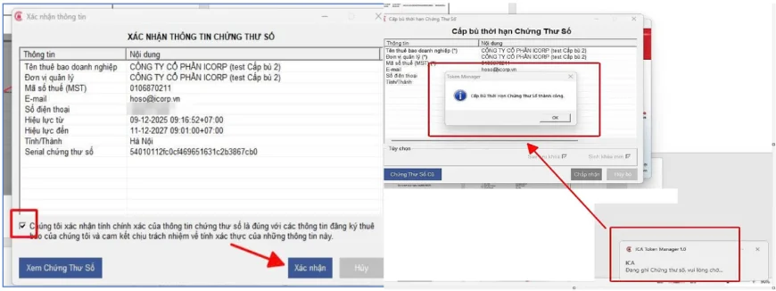 Xác nhận thông tin và cấp bù thời hạn chứng thư số thành công