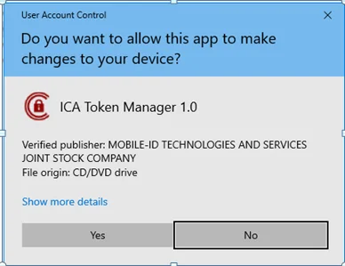 Bấm Yes ở hộp thoại User Account Control khi cài ICA Token Manager