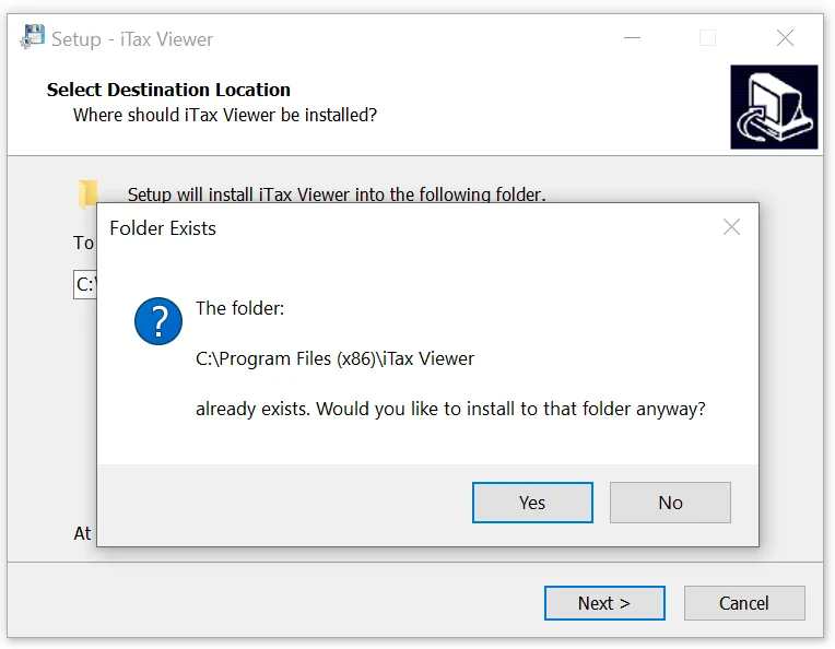 Thư mục iTax Viewer đã tồn tại, chọn Yes để cài đè