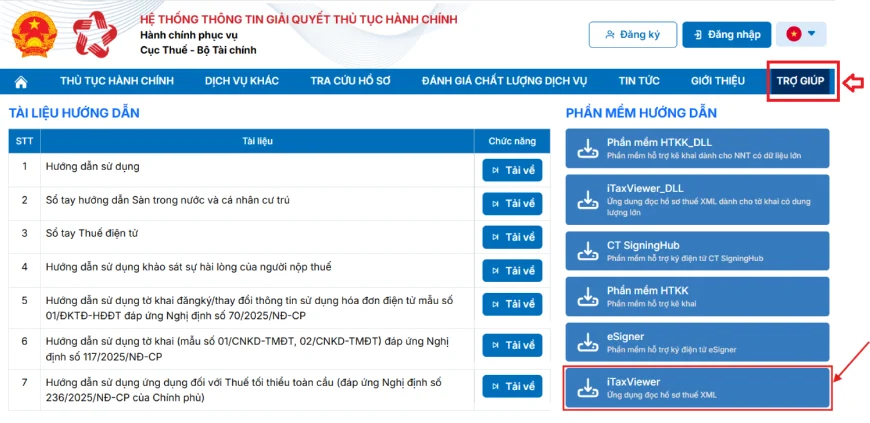 Tải iTaxViewer tại mục Trợ giúp trên Cổng dịch vụ công Thuế