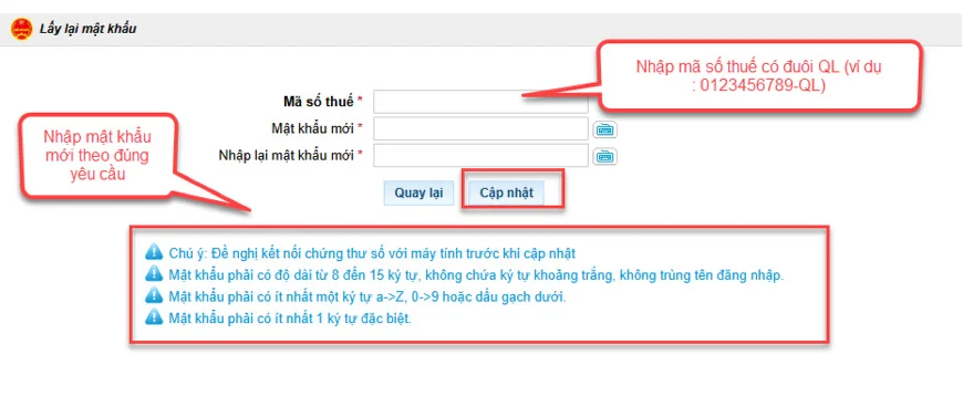 Nhập mã số thuế QL và mật khẩu mới để lấy lại mật khẩu Thuế điện tử