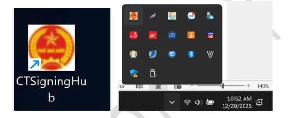 Biểu tượng CTSigningHub ngoài desktop và ở khay hệ thống