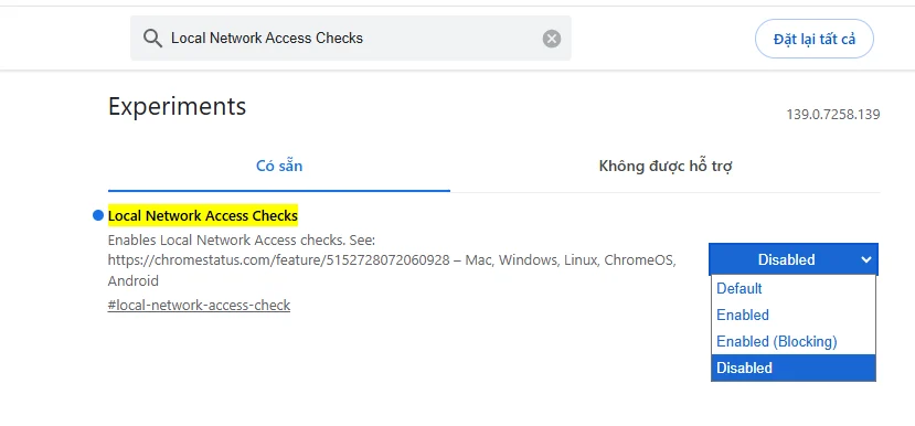 Chọn Disabled cho Local Network Access Checks