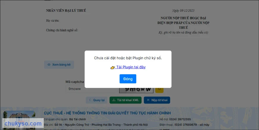 Lỗi Chưa cài đặt hoặc bật Plugin chữ ký số, Tải Plugin tại đây khi nộp tờ khai thuế