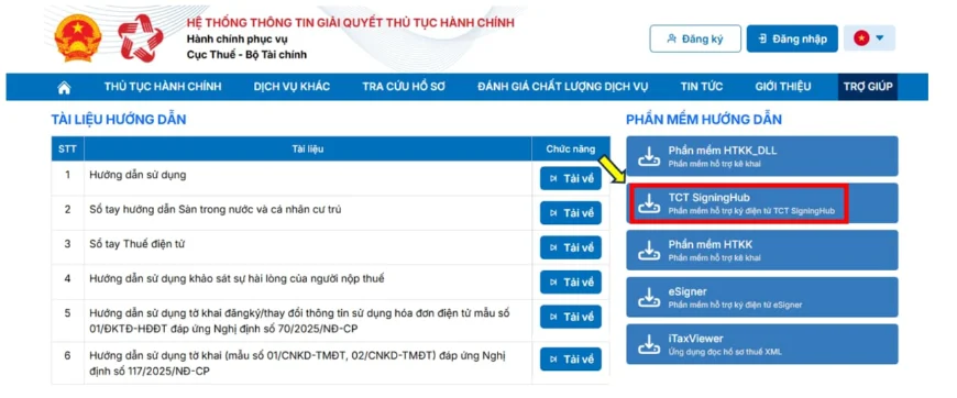 Tải TCT SigningHub tại mục Trợ giúp Cổng dịch vụ công Thuế
