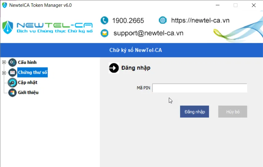 Đăng nhập NewtelCA Token Manager bằng mã PIN