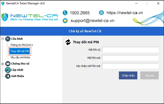 Thay đổi mã PIN Token NewTel-CA