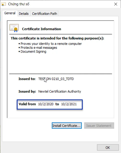 Thời hạn chứng thư số NewTel-CA ở mục Valid from