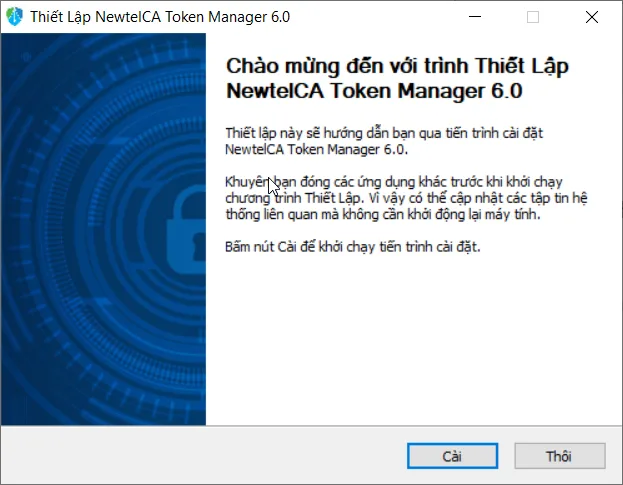 Màn hình chào mừng trình thiết lập NewtelCA Token Manager 6.0