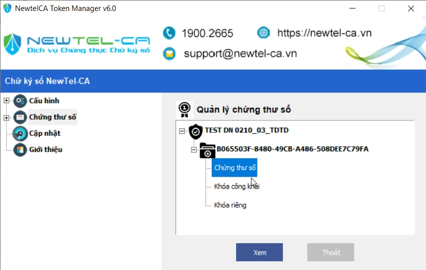 Chọn chứng thư số và bấm Xem trong NewtelCA Token Manager