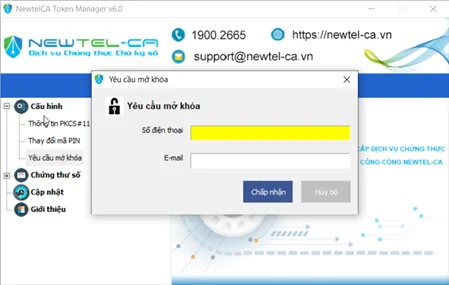Nhập số điện thoại và email để yêu cầu mở khóa Token NewTel-CA