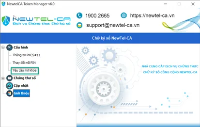 Chức năng yêu cầu mở khóa Token NewTel-CA
