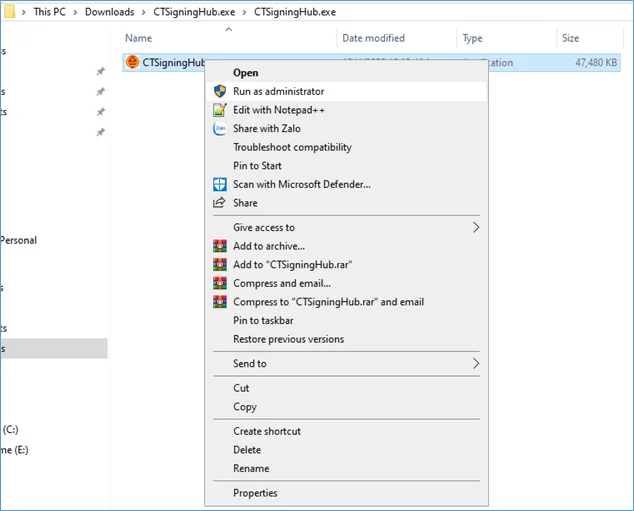 Chạy CTSigningHub.exe bằng quyền quản trị