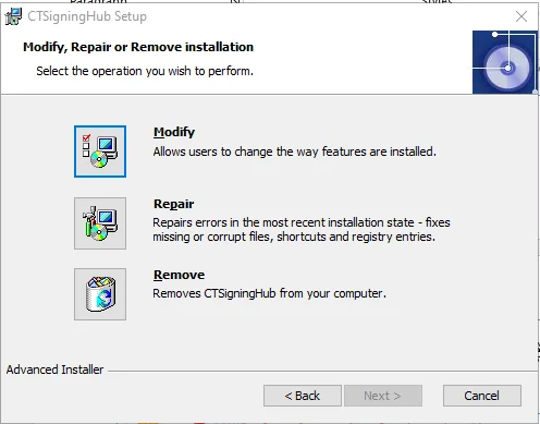 Chọn Remove để gỡ CTSigningHub