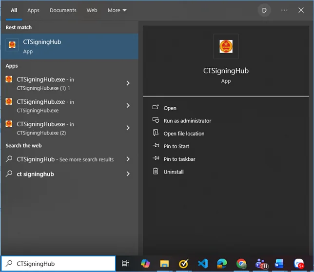 Tìm CTSigningHub trong Start menu và chọn Uninstall