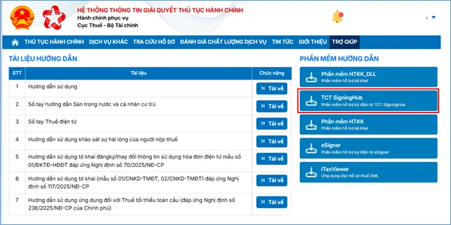 Tải CT SigningHub tại mục Trợ giúp trên Cổng dịch vụ công Thuế