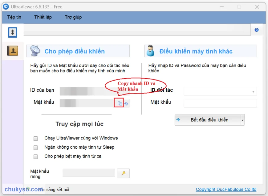 Giao diện UltraViewer 6.6.133, nút copy nhanh ID và mật khẩu