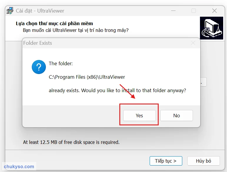 Thư mục UltraViewer đã tồn tại, chọn Yes để cài đè
